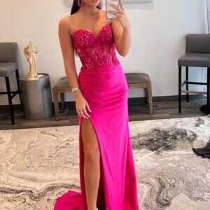 Beautiful Ember Fuchsia Sheath Strapless Sweetheart Long Prom Dress with Slit